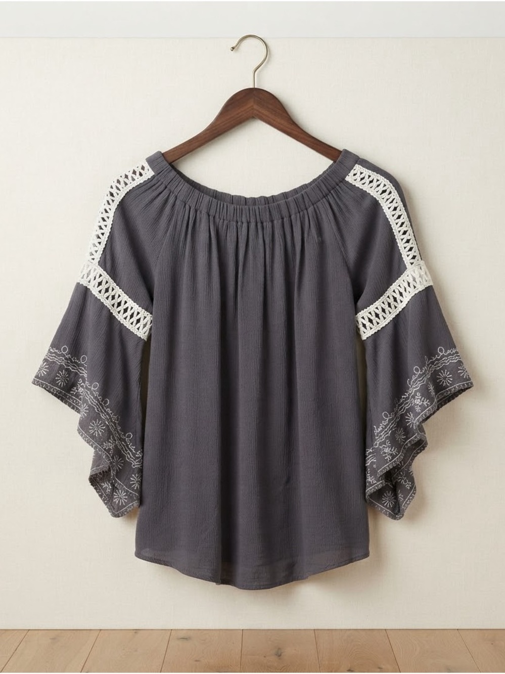She + Sky Gray Embroidered Crochet-Trim Off-Shoulder Blouse